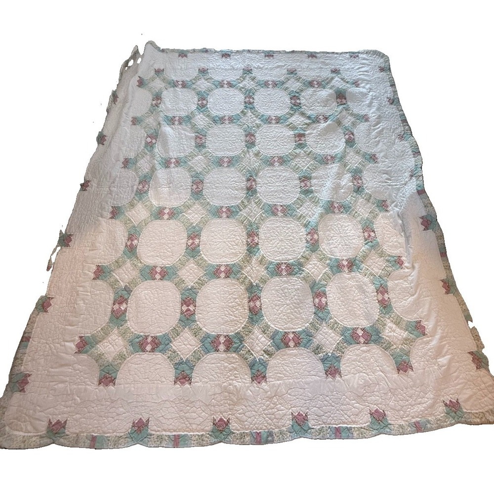 Vintage Hand Quilted Double Wedding Ring Quilt Set Matching Pillow Shams